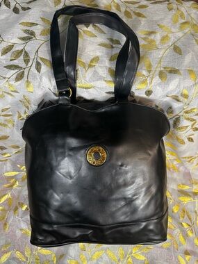 Lancome Black Leather Tote with Gold Medallion